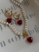 أقراط متدلية Londany Necklace Natural Freshwater Pearl Stone Red Love Love Pendant Valentine Gift Fashion