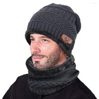 베레모 디자인 겨울 따뜻한 남자 비니는 단단한 모자와 스카프 2 피스 니트 윈드 방송 캡 크리스마스 선물을 두껍게합니다.