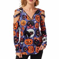 Женская футболка Хэллоуин Фестиваль вечеринка Женская футболка Смешная милая тыквенная принт Hollow Out с длинным рукавом повседневные рубашки.