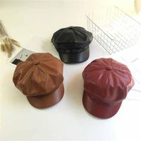 Berets Autumn Winter Octagonal Solid Color PU Leather Sboy H...