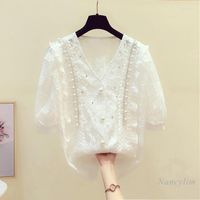 Women' s Blouses Beaded Sweet Hollow Out Lace Shirt Wome...
