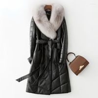 Женская кожаная судовая куртка Женщины вниз для среднего числа 2022 зимний меховой воротник свободный толстый пальто m-6xl fcy