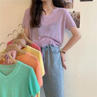 النساء القمصان النسائية tshirts الصيف حلوى اللون v-tech بأكمام قصيرة متشابكة للنساء المحاصيل mujer camisetas