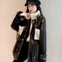Женский кожаный меховой воротник Черный PU Spring Jackets для одежды Trench Coats Женская куртка женская пальто мода повседневная