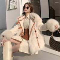 여자 모피 가짜 코트 여성 더블 페이스 패션 스티칭 따뜻한 의류 2022 겨울 짧은 슬림 재킷 여성 세련된 기질