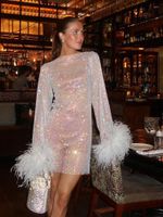 فساتين غير رسمية للنساء نادي ليلي مثير شبكة الريشة انظر من خلال فستان طويل الأكمام فستان الأنثى البريق الأنيق الصيف