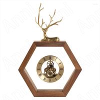 테이블 시계 황금 사슴 장식 시계 미국인 가벼운 고급스러운 목질 나무 순수한 구리 빈티지 거실 침실 장식