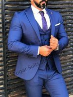 Erkekler Suits Business Blue Düğün Erkekler İnce Fit Çentikli Yok Balo Damat Smokin 3 Parça Klasik Blazer Pantolon Set Koustume Hoome