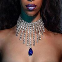 Choker Rhinestone Long Tassel Big Blue Gemstone Netlace Necklace Dinn Netlace Jewelry for Women Crystal Collar Accessories
