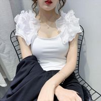 Camisetas femininas Mulheres 2022 Moda Summer Cores sólidas Tee de algodão babados femininos de manga curta Camiseta casual coreana tops