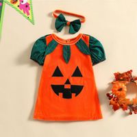 Mädchenkleider Baby Mädchen Sommerkleid Halloween Kürbisabdruck Kurzarm Prinzessin mit Bogenstirnband für Party lässig