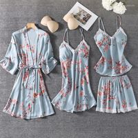 Frauen Nachtwäsche 4pcs Print Robe Kleid Sets Frauen Spitze Schlafanzug Frühling Seides Satin Kimono Nachthemen Nachthemd Pijamas