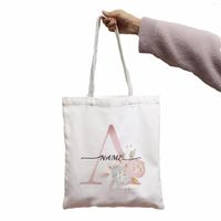 쇼핑 가방 가방 분홍색 꽃 편지 사용자 정의 이름 DIY 인쇄 여성 쇼핑객 화이트 패션 어깨 토트