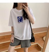 여자 T 셔츠 여성 티셔츠 2022 만화 호랑이 인쇄 여성의 여름 한국어 느슨한 얇은 둥근 목 디자인 감각