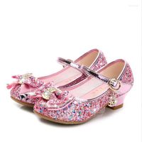 Zapatos planos Girls Crystal Sequin Princess Kids Glitter Glitter High Heel Butterfly Bow-Nade Color sólido Correa Mary Jane 26-38