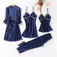 Women' s Sleepwear 4pc Faux Silk Robe Sleep Suit Women&#...