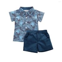 의류 세트 여름 신사 어린이 아기 소년 옷 프린트 짧은 소매 셔츠 티셔츠 탑 블루 반바지 2pcs 하와이 스타일