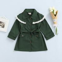 Abrigo 2-7y niñas de niñas zanjas casuales con cintura con encaje verde oscuro cuello collar chaqueta larga niños para niños pequeños