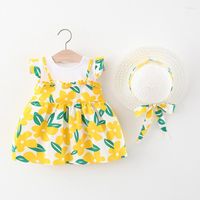 Mädchenkleider Sommergeborenes Babykleid süße Blumen Druck Prinzessin Strandhut Hut Säugling Mode