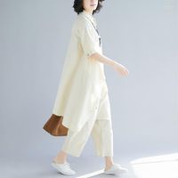 Etnik Giyim İlkbahar Yaz 2022 Kadınlar İki Parçalı Set Pamuk Keten Asimetrik Çin Tarzı Vintage Zarif Kadın Pantolon ve Bluz Seti