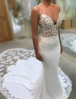 Глубокие V-образные винтажные русалки свадебные платья аппликации без рукавов с закулисной шифоновой шифоно