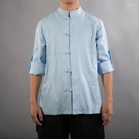 Erkekler Sıradan Gömlek Keten Stand Yakası Düğmesi hırka Erkekler Gömlek Çin Gevşek Uzun Kollu Dış Ulusal Kostüm