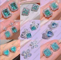 925 Strling Silver Heart Stud أقراط للنساء 18K Rose Gold Square Square Crystal Crystal Blue Diamond Rings مصمم مجوهر
