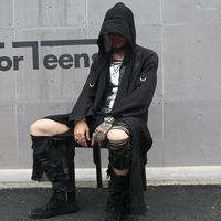 Camisas casuais masculinas harajuku masculino extra longo com manga de capô solto punk rock preto sólido 2022 primavera verão