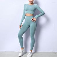 Aktif setler dikişsiz yoga seti kadınlar egzersiz eğitim takım elbise giysileri yüksek bel uzun kollu mahsul üst tozluk sporları için spor