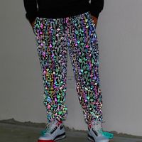 Calças masculinas 2022 Cartoon Cogumelo colorido refletivo masculino Noite casual refletem calças leves de cor de arco -íris