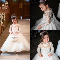 Muhteşem dantel aplike boncuklu çiçek kız elbise düğün doğum günü partisi uzun kollular resmi küçük kız pageant ilk cemaat elbisesi yay parlak cl1394