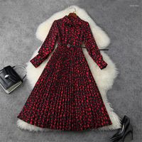 Casual Dresses for Women Fashion Woman Clothes Spring Runway Designers Shirt Collar Heart Print Vintage Dress Pleated Robe