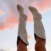 Boots Frauen Western Schuhe gestickt Frauen Knie High Cowboy Cowgirl Chunky Heel Plattform Plus Size 41