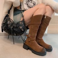 Autumn and winter round head boots suede flat heel high brow...