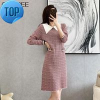 Casual Dresses Vintage Red Plaid Knitted For Women 2023 Eleg...