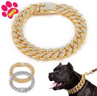 Wofuwofu Diamant Gold Hundekragen stapffreier Stahl Haustierkragen Leine Metallkette Luxuskristall Großer Hundehaller Leder Pitbull H1121615781