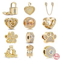 Yeni Popüler 925 Sterlling Gümüş Kolye Cazibesi ve Pırıltılı Parlayan Kalp Altın İnci İlkel Pandora DIY Kadın Mücevher Bilezik İçin Uygundur