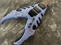 LvyBest se puede personalizar Guitarra eléctrica V de plata metálica azul metálico con manchas de sangre Piezas negras Rock Tremolo 24 trastes Rojo