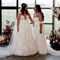Plus Szie A Line Wedding Dresses 3D Flowers Illusion Deep V ...