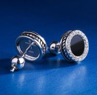 White Gold Stud Earring for Men Black Onyx Inlaid Round Earr...