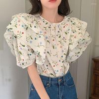 Kadın bluzları Clothland Kadın Tatlı Çiçek Şifon Bluz Çırpmalar Kısa Kollu Gömlek İnce Yaz Günlük Topları Blusa DA168