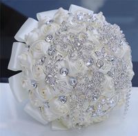 18 cm Luxus Elfenbein Seiden Rose Hochzeitsblumen Kristall Brosche Brauthaltblumen Quasten Full Diamond Stich Hochzeitsstrau￟ 8238805