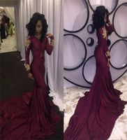 2K18 Afrikalı Siyah Kız Prom Elbiseler Uzun Kollu Altın Aplikler Ucuz Bordo Gece Elbisesi Denizkızı Resmi Parti Gowns Gerçek P6204346