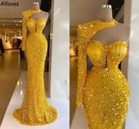 Lüks parlak sarı payentler boncuklu denizkızı balo elbiseleri yular bir omuz uzun kollu akşam parti önlükleri aso özel günlük nişan elbisesi cl1461