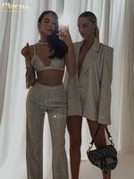 Kadınlar iki parçalı pantolon clacive seksi parıltılı kolsuz mahsul üst set kadınlar yaz yüksek bel vücutcon düz pantolon takım elbise 221118