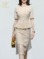 Платье с двумя частями H han Queen Elegant Settil Set Utility Pocket Top Top Tope Tule Slit Sweath Swit