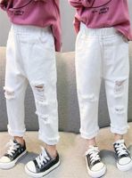Spring Autumn Baby Girls Ripped Jeans Kids Kids Broken Hole Pants White Color Elastic Caist Denim 220209