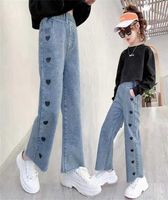 Jeans de perna larga de menina, calças de jeans de perna larga de calças de jeans fora de calças longas roupas de calças outono Spring 220209