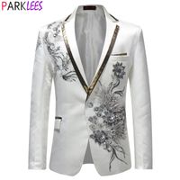 Mens Suits Blazers Beyaz Çiçek Pullu Nakış Erkekler Düğün Damat Smokin Bir Düğme Yakası Sahne Kostümü Homme 221117