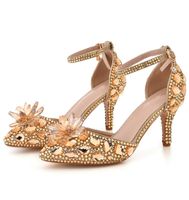 Chaussures de mariage en or champagne talon talon sandales d'été de fleur de fleur de la cheville